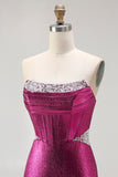 Metallic Fuchsia Mermaid Beaded Corset Strapless Long Prom Dress