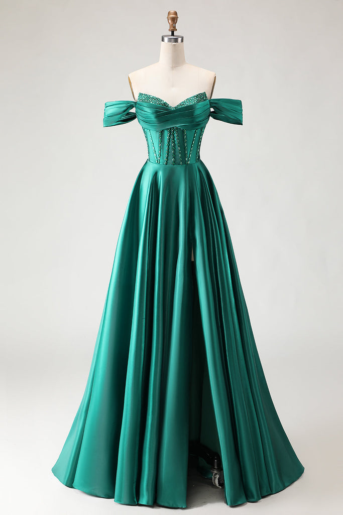 Off The Shoulder Dark Green Pleats Long Wedding Guest Dress main image 1