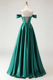 Off The Shoulder Dark Green Beaded A Line Corset Long Prom Dress with Slit