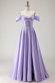 Off The Shoulder Beaded A Line Purple Corset Long Prom Dress with Slit