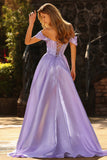 Off The Shoulder Purple Beaded A Line Long Satin Prom Dress with Slit