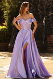 Off The Shoulder Purple Beaded A Line Long Satin Prom Dress with Slit