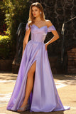 Off The Shoulder Purple Beaded A Line Long Satin Prom Dress with Slit