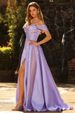 Off The Shoulder Purple Beaded A Line Long Satin Prom Dress with Slit