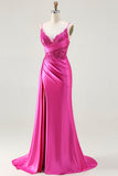 Fuchsia Mermaid Streamer Beaded Ruched Long Prom Dress with Slit