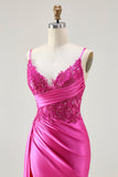 Fuchsia Mermaid Streamer Beaded Ruched Long Prom Dress with Slit