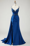 Navy Mermaid Streamer Beaded Ruched Long Prom Dress with Slit