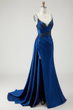 Navy Mermaid Streamer Beaded Ruched Long Prom Dress with Slit