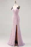 Lilac Mermaid Beaded Corset Sequin Long Prom Dress with Slit