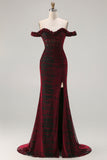 Black Red Mermaid Off the Shoulder Corset Ruched Long Prom Dress with Slit