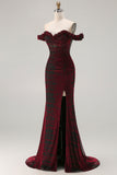 Black Red Mermaid Off the Shoulder Corset Ruched Long Prom Dress with Slit
