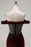 Off the Shoulder Black Red Mermaid Corset Plus Size Long Prom Dress with Slit