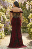 Off the Shoulder Black Red Mermaid Corset Plus Size Long Prom Dress with Slit