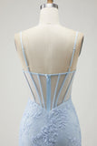 Blue Mermaid Appliqued Sheer Corset Lace Beaded Long Prom Dress with Slit
