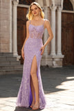 Purple Mermaid Spaghetti Straps Sheer Corset Lace Beaded Long Prom Dress with Slit