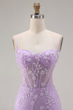 Purple Mermaid Sheer Corset Spaghetti Straps Lace Beaded Long Prom Dress with Slit