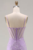 Purple Mermaid Sheer Corset Spaghetti Straps Lace Beaded Long Prom Dress with Slit