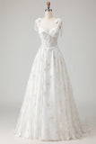 White Embroidered Tulle Corset A-Line Long Wedding Dress with BowKnot