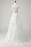White Embroidered Tulle Corset A-Line Long Wedding Dress with BowKnot