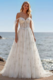 White Embroidered Tulle Corset A-Line Long Wedding Dress with BowKnot