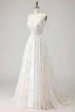 White Embroidered Tulle Corset A-Line Long Wedding Dress with BowKnot