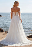 White Embroidered Tulle Corset A-Line Long Wedding Dress with BowKnot