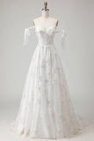 White Embroidered Tulle Corset A-Line Long Wedding Dress with BowKnot