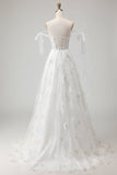White Embroidered Tulle Corset A-Line Long Wedding Dress with BowKnot