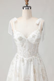 White Embroidered Tulle Corset A-Line Long Wedding Dress with BowKnot