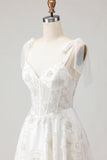 White Embroidered Tulle Corset A-Line Long Wedding Dress with BowKnot