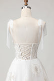White Embroidered Tulle Corset A-Line Long Wedding Dress with BowKnot