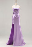 Strapless Purple Mermaid 3D Flower Sequin Long Prom Dress with Slit