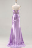 Strapless Purple Mermaid 3D Flower Sequin Long Prom Dress with Slit