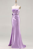 Strapless Purple Mermaid 3D Flower Sequin Long Prom Dress with Slit