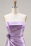Strapless Purple Mermaid 3D Flower Sequin Long Prom Dress with Slit