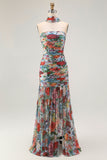 Strapless Blue Red Flower Neck Scarf Ruched Wedding Guest Dress with Slit