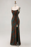 Dark Green Sheath Printed Long Bridesmaid Dress With Slit