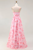 Pink Floral Corset A Line Spaghetti Straps Maxi Dress with Slit