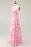 Pink Floral Cowl Neck A Line Maxi Dress with Slit