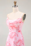 Pink Floral Cowl Neck A Line Maxi Dress with Slit