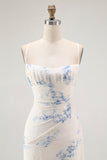 White Blue Flower Sheath Velvet Burnout Corset Wedding Guest Dress
