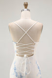 White Blue Flower Sheath Velvet Burnout Corset Wedding Guest Dress