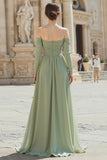 Sage Green Chiffon A Line Off The Shoulder Long Sleeves Bridesmaid Dress