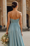 Dusty Blue A Line Chiffon Strapless Neck Scarf Long Bridesmaid Dress