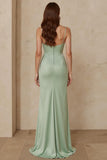 Dusty Sage Satin Sheath Spaghetti Straps Long Bridesmaid Dress with Slit