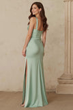 Dusty Sage Sheath Satin Thick Straps Long Bridesmaid Dress with Slit
