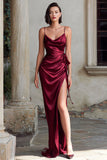 Burgundy Sheath Satin Ruched Spaghetti Straps Long Bridesmaid Dress with Slit