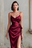Burgundy Sheath Satin Ruched Spaghetti Straps Long Bridesmaid Dress with Slit