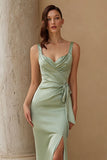 Dusty Sage Satin Sheath Ruched Long Bridesmaid Dress with Slit