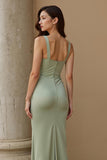 Dusty Sage Satin Sheath Ruched Long Bridesmaid Dress with Slit